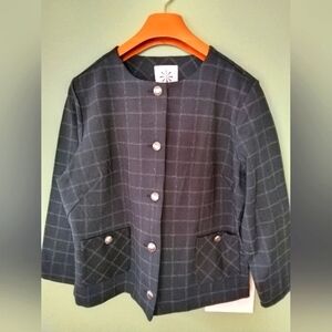 New black plaid scoop neck stretch formal blazer for women, Sz L